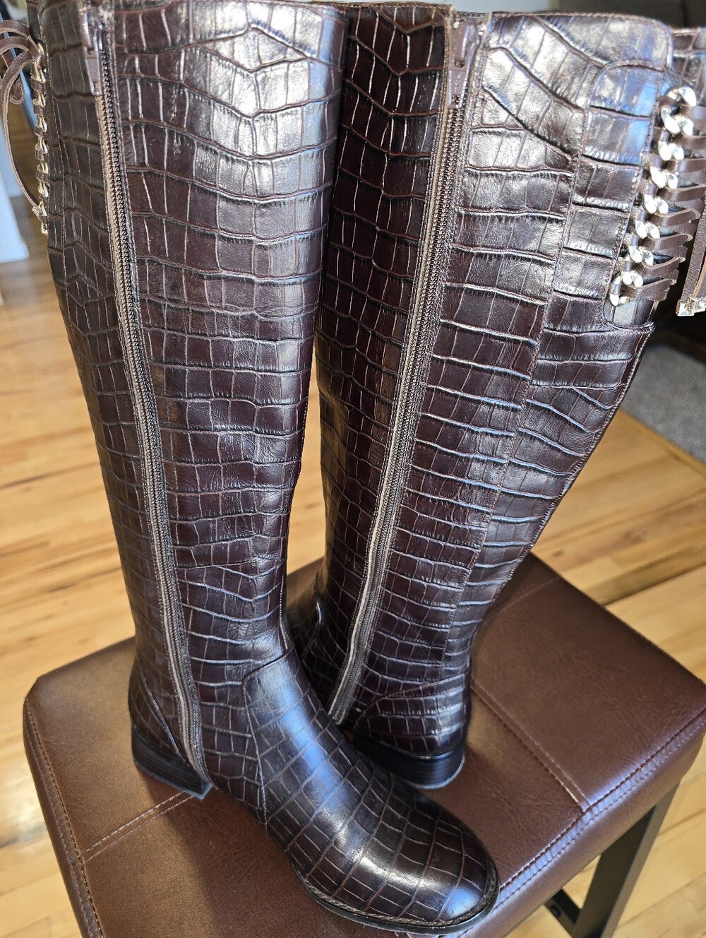 ANTONIO MELANI Croc-Embossed Knee High Boots in Dark Brown Size 8
